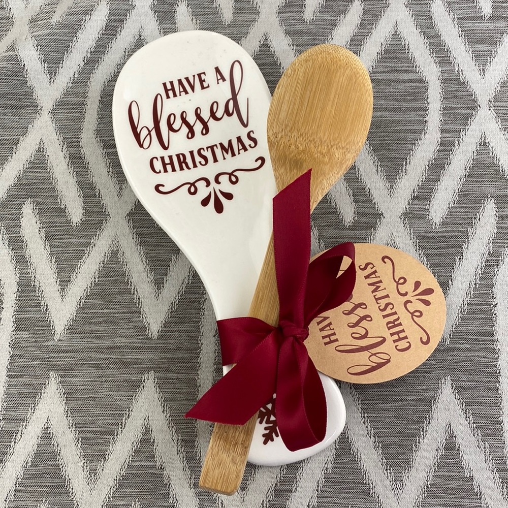 Ceramic Have a Blessed Christmas Spoon Rest & Wooden Spoon NWT Hostess Gift - Picture 5 of 6